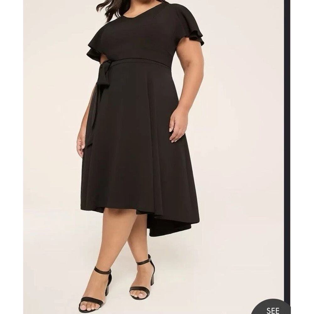 NWT $89 Lane Bryant V Neck High Low Tie Waist Midi Dress size 18P New Black